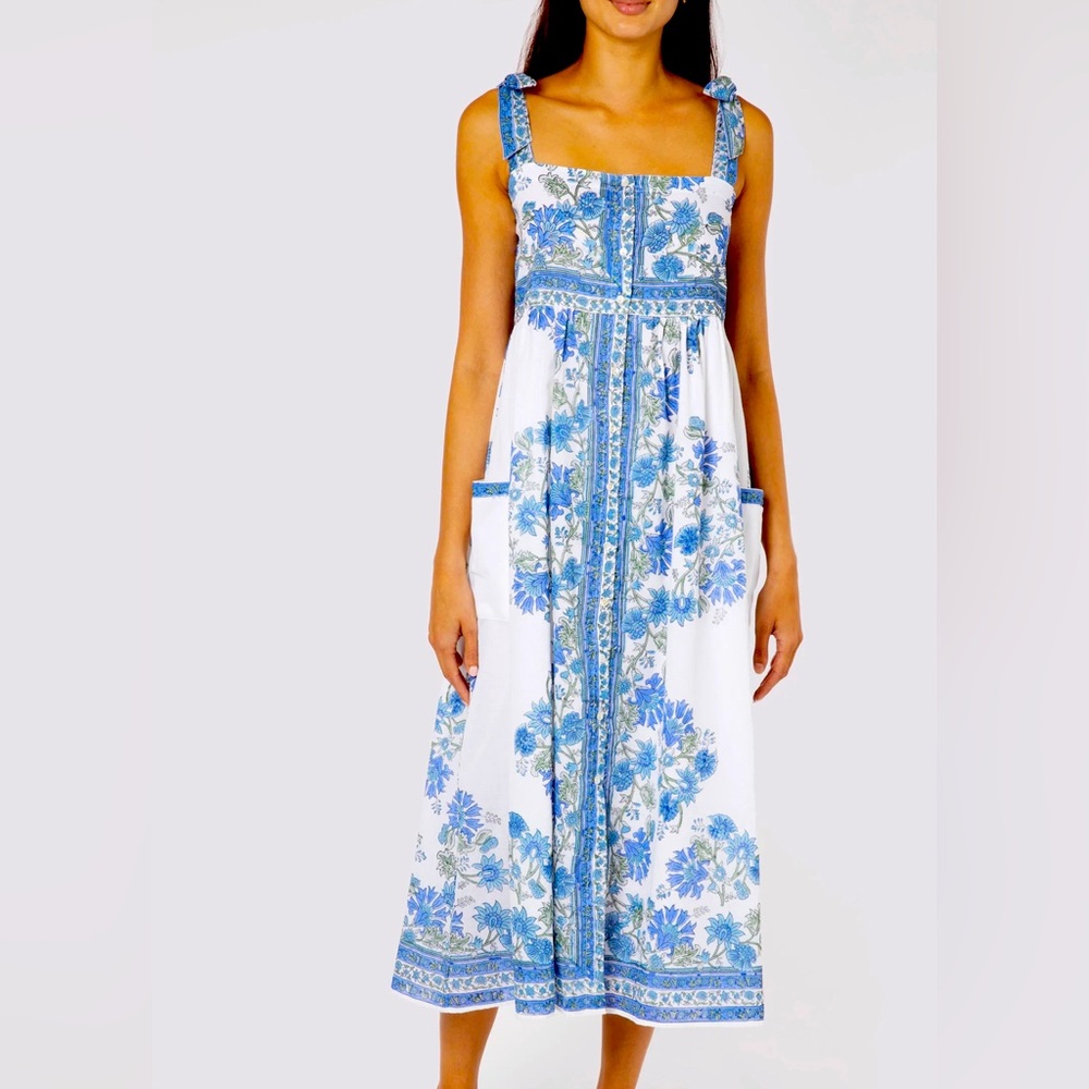 Juliet Dunn Blue Rose Border Print Tie Shoulder Dress